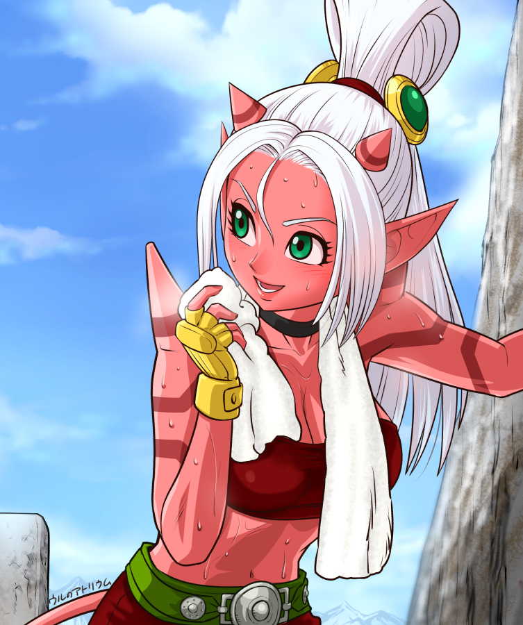 1girl :d belt breasts choker cleavage dragon_quest dragon_quest_x fingerless_gloves gloves green_eyes hair_ornament high_ponytail horns large_breasts leaning_forward long_hair looking_at_viewer maiyu_(dq10) midriff ogre_(dq10) open_mouth pointy_ears smile solo spikes sweat tail tattoo towel towel_around_neck ur_(wulfa) white_hair