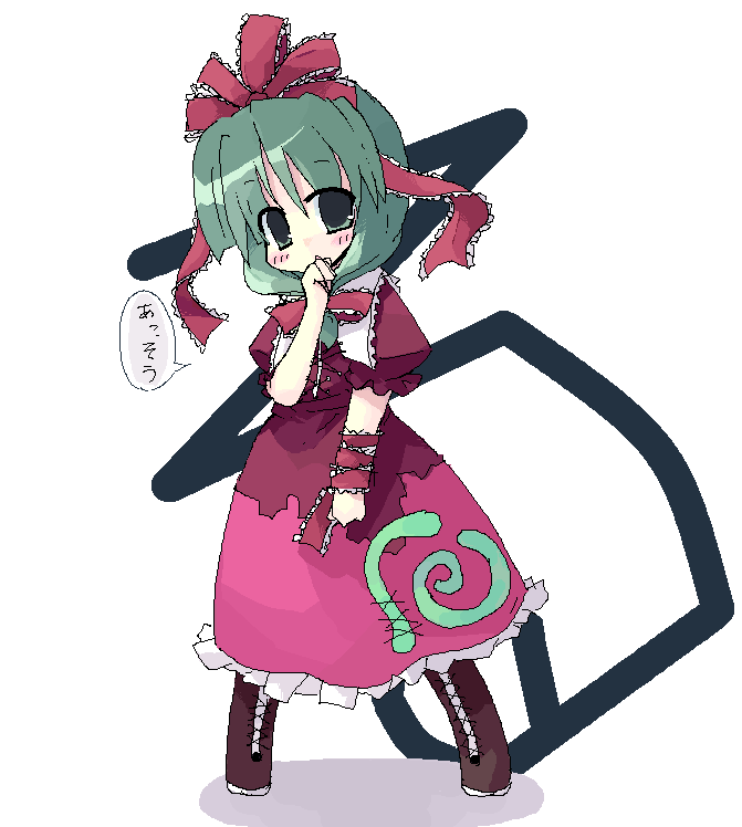 1girl boots bow brown_boots cross-laced_footwear dress female front_ponytail full_body green_eyes green_hair hair_bow hair_ribbon kagiyama_hina looking_at_viewer luu oekaki puffy_short_sleeves puffy_sleeves red_bow red_ribbon ribbon short_sleeves simple_background solo standing touhou white_background