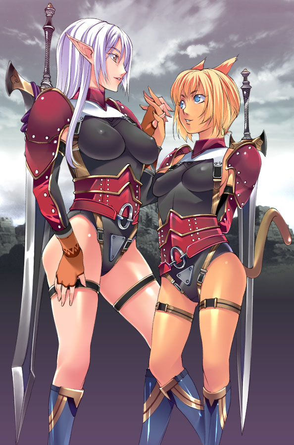 animal_ears battlethong elf elvaan final_fantasy final_fantasy_xi hand_holding mithra pointy_ears sword weapon