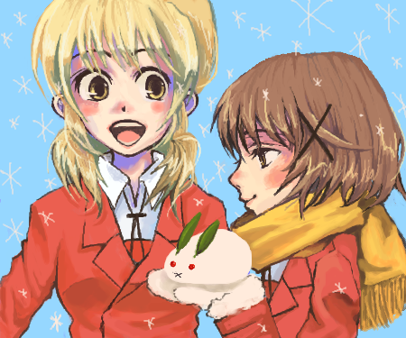 2girls hidamari_sketch lowres miyako multiple_girls oekaki scarf snow_bunny yuno