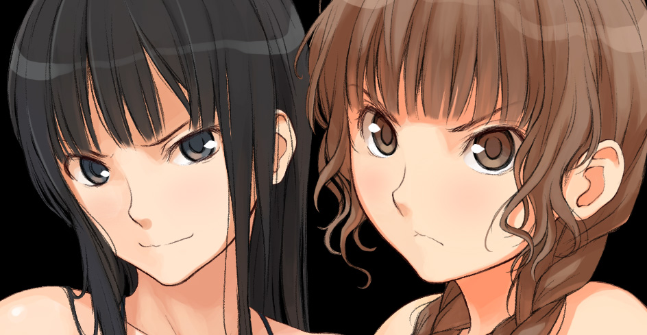 2girls bangs bare_shoulders black_background black_eyes black_hair blunt_bangs blush braid brown_hair closed_mouth face frown futami_eriko hair_over_shoulder head_tilt kimi_kiss looking_at_viewer looking_away mizusawa_mao multiple_girls simple_background smile tagme twin_braids twintails