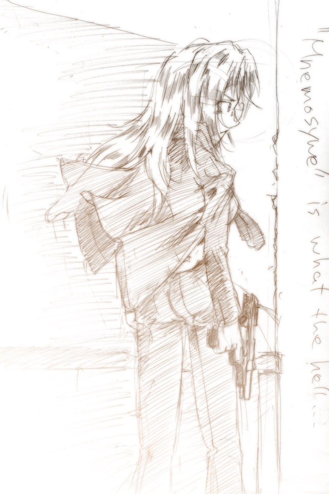 1girl asatana asougi_rin brown gun handgun mnemosyne monochrome pistol sketch solo weapon