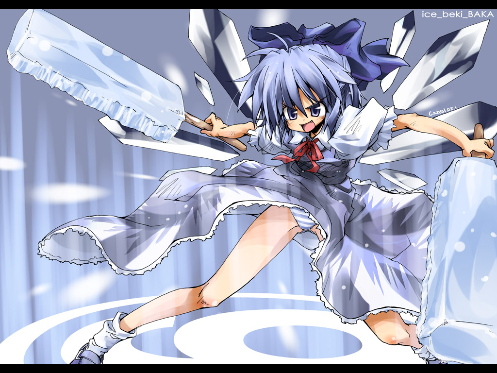 (9) 1girl ahoge angry blue_eyes blue_hair blush bow cirno crystal_sword delusion_overdose dress dual_wielding fang female fighting_stance food frills hair_bow ice legs letterboxed magic matsuno_canel open_mouth panties pantyshot pantyshot_(standing) phantasmagoria_of_flower_view popsicle ribbon shoes short_hair signature socks solo standing striped striped_panties sword touhou underwear wallpaper weapon wind wind_lift wings