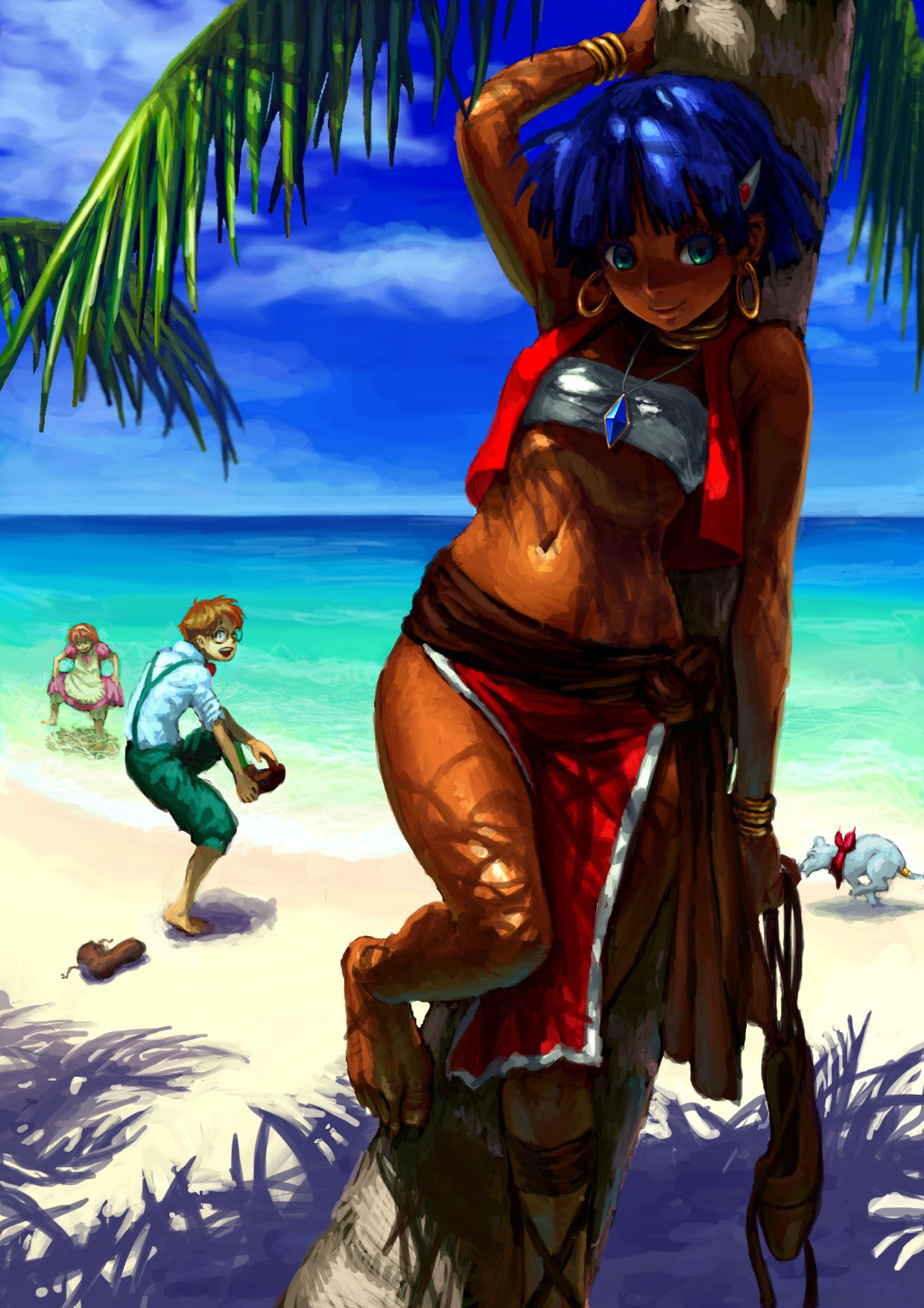 1boy 2girls 90s bandeau bandeau_bikini barefoot beach bracelet cross-laced_footwear dark_skin earrings feet fushigi_no_umi_no_nadia green_eyes hair_ornament hairclip highres holding holding_shoes jean_coq_de_raltigue jean_roque_raltique jewelry jon_taira king king_(nadia) lion loincloth marie marie_en_carlsberg midriff multiple_girls nadia navel neck_ring necklace palm_tree purple_hair sandals shoes short_hair strapless tree tree_shade tubetop vest