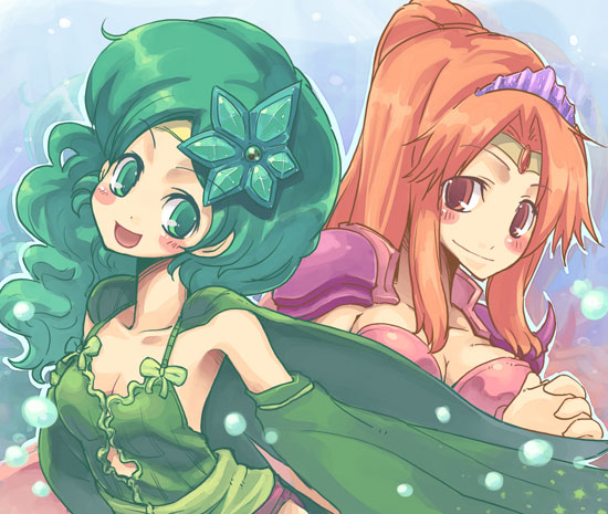 blush circlet final_fantasy final_fantasy_iv green_eyes green_hair hair_ornament long_hair orange_hair ponytail rosa_farrell rydia smile super_zombie suupaa_zonbi