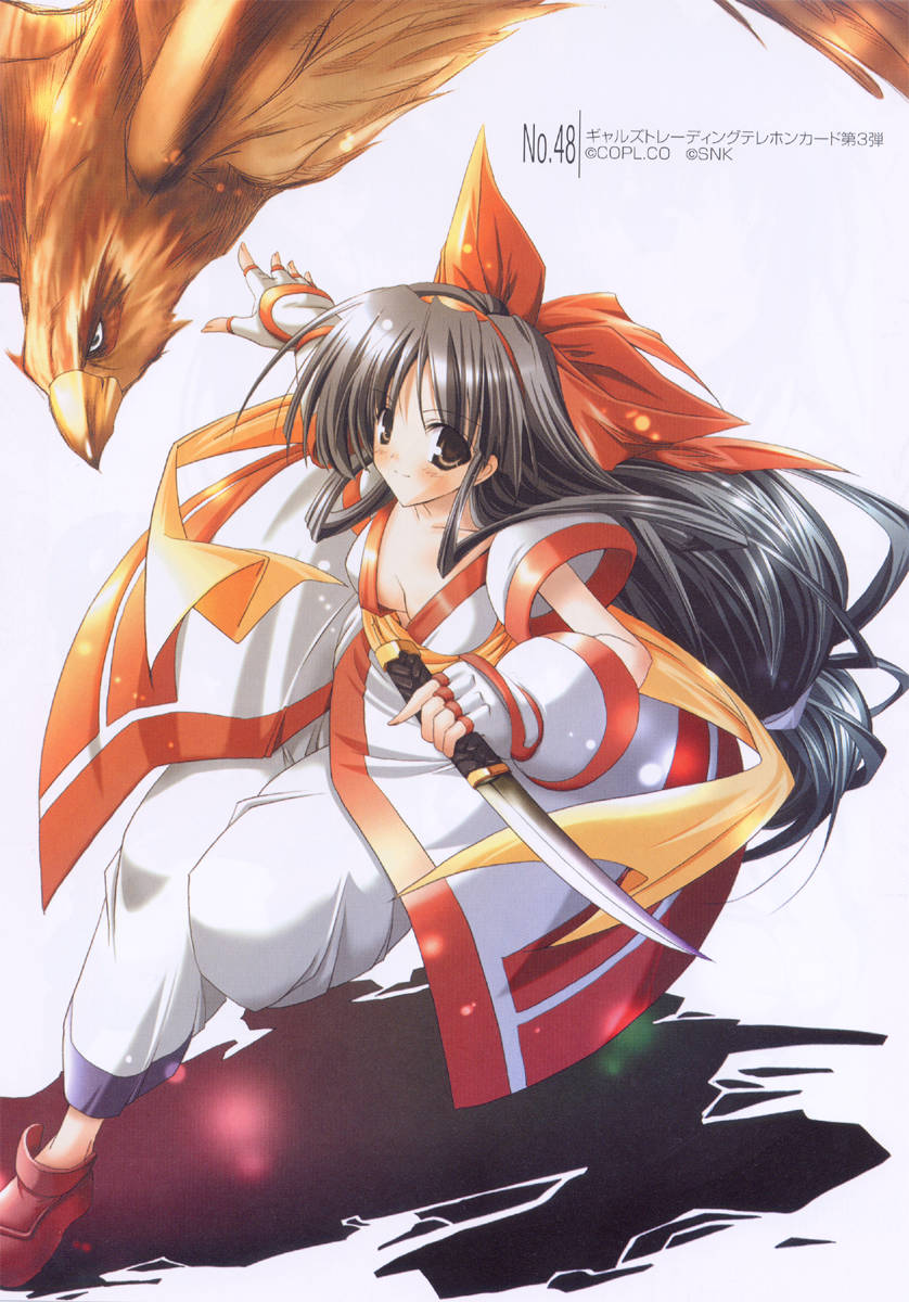 1girl alternate_costume bird black_hair blush bow brown_eyes creature detached_sleeves dress full_body hair_bow highres long_hair long_sleeves looking_at_viewer low-tied_long_hair nakoruru phoenix red_bow running samurai_spirits simple_background solo tied_hair very_long_hair white_background white_dress