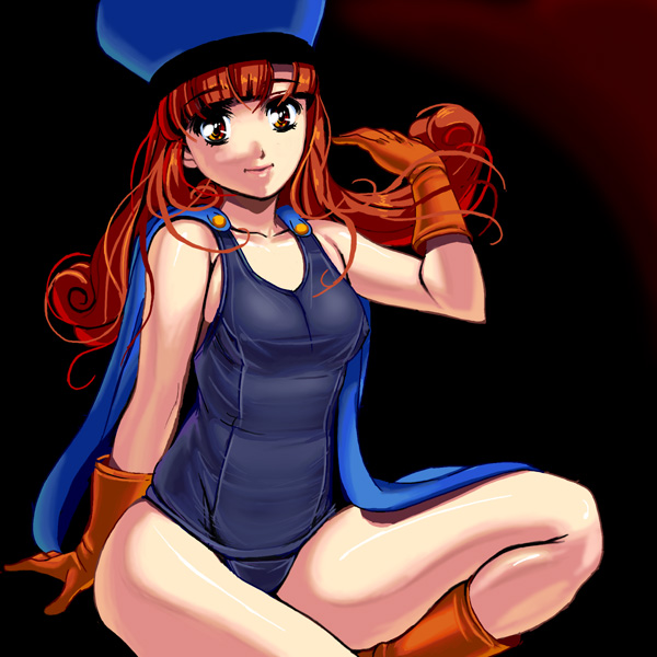 1girl alena_(dq4) boots cape chunsoft dragon_quest dragon_quest_iv enix gloves gradient gradient_background hat masao one-piece_swimsuit red_eyes redhead school_swimsuit solo swimsuit