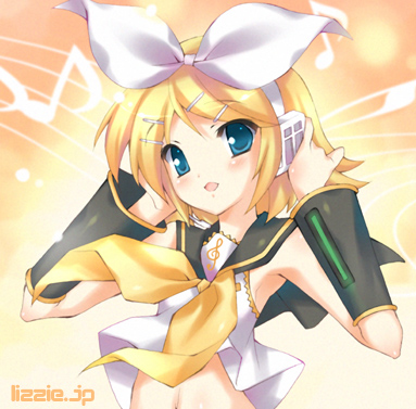 1girl arm_warmers bangs blonde_hair blouse blue_eyes blush bow hair_bow hair_ornament hairclip hands_on_headphones headphones kagamine_rin looking_at_viewer lowres microphone music musical_note navel open_mouth quaver ribbon sailor_collar satomi_hinako sheet_music shirt_lift short_hair singing sleeveless solo stomach swept_bangs upper_body vocaloid watermark web_address white_blouse white_bow yellow_ribbon
