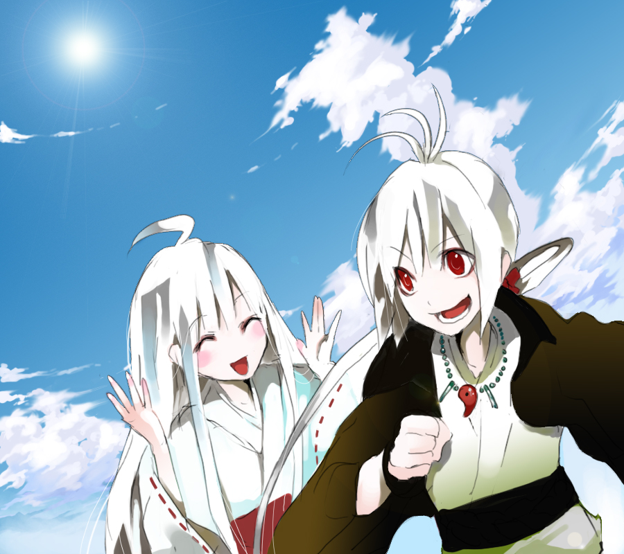 ahoge albino clouds japanese_clothes jewelry lens_flare long_hair necklace original pale_skin palmeros red_eyes sky smile white_hair