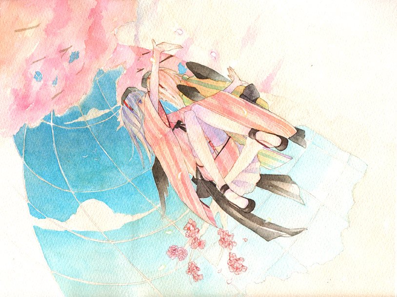 bad_id cherry_blossoms japanese_clothes kuko original petals sky tree
