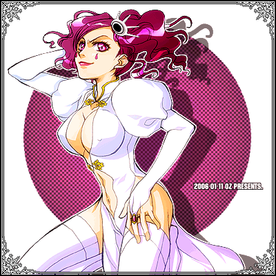 00s 1girl 2006 arm_up arrancar artist_name bleach breasts cirucci_sanderwicci cleavage cleavage_cutout dated dress erect_nipples facial_mark hair_ornament jewelry large_breasts lipstick lowres makeup navel_cutout no_bra oz_(invivi) puffy_sleeves purple_hair ring short_twintails side_slit smirk solo thigh-highs twintails violet_eyes watermark wavy_hair white_dress white_legwear