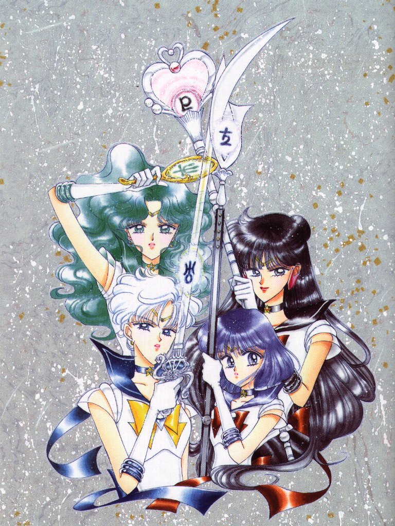 4girls 90s bishoujo_senshi_sailor_moon black_hair bob_cut bow brown_bow choker earrings elbow_gloves glaive gloves green_eyes green_hair grey_eyes hair_bun half_updo jewelry kaiou_michiru leotard lips long_hair looking_at_viewer magical_girl meiou_setsuna mirror multiple_girls official_art outer_senshi polearm sailor_collar sailor_neptune sailor_pluto sailor_saturn sailor_senshi sailor_uranus short_hair silence_glaive staff super_sailor_neptune super_sailor_pluto super_sailor_saturn super_sailor_uranus sword takeuchi_naoko ten'ou_haruka tiara tomoe_hotaru violet_eyes wavy_hair weapon white_gloves white_hair yellow_bow