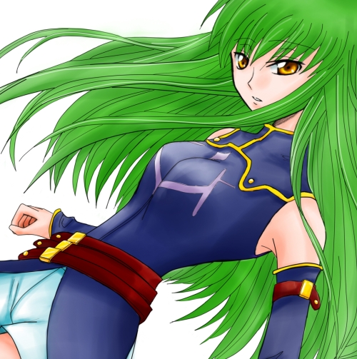 1girl armlet armpits bare_shoulders brown_hair c.c. code_geass detached_sleeves expressionless eyebrows eyebrows_visible_through_hair green_hair long_hair long_sleeves looking_at_viewer robe shorts simple_background skin_tight solo very_long_hair white_background yellow_eyes