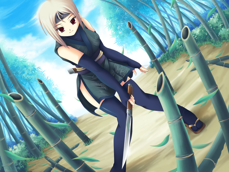 1girl bamboo bamboo_forest blonde_hair elbow_gloves fadalgia forest fuyutsuki_rei gloves headband japanese_clothes leaf maxwindy nature red_eyes solo sword thigh-highs weapon