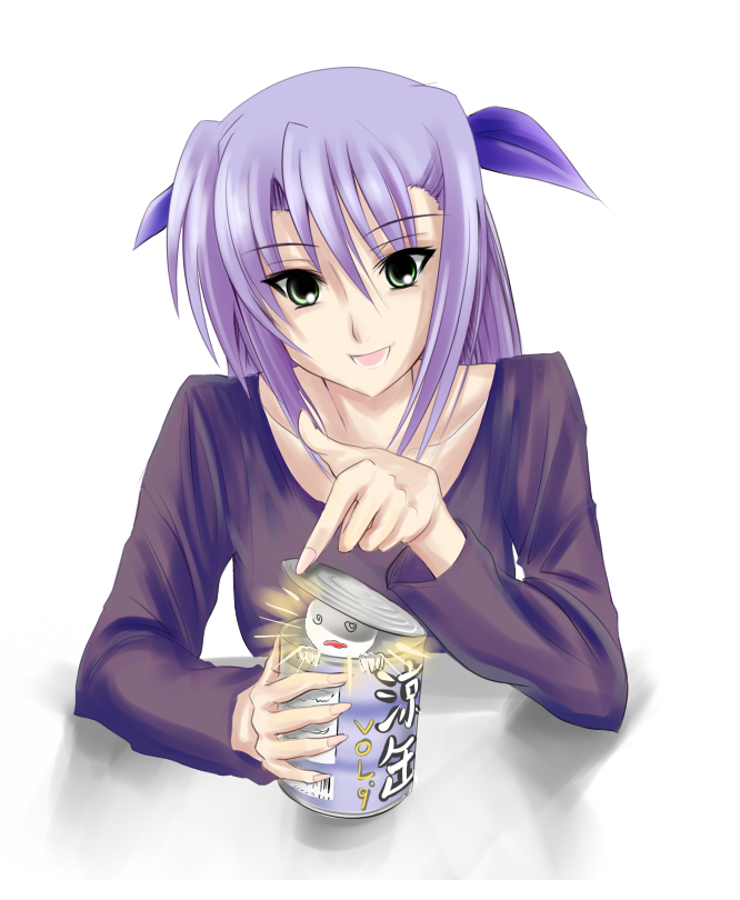 1girl casual food ginga_nakajima green_eyes lyrical_nanoha mahou_shoujo_lyrical_nanoha mahou_shoujo_lyrical_nanoha_strikers purple_hair solo wagashi wagashi_(okashina)