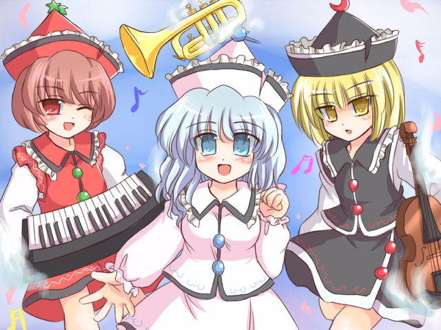 3girls blonde_hair blue_hair brown_hair female hat instrument keyboard keyboard_(instrument) lunasa_prismriver lyrica_prismriver merlin_prismriver multiple_girls musical_note ry short_hair siblings sisters touhou trumpet violin