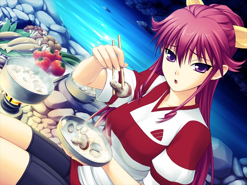 1girl adidas bike_shorts bow chopsticks clam feeding fish food game_cg kimi_ga_aruji_de_shitsuji_ga_ore_de long_hair mushroom outdoors ponytail pov_feeding redhead solo stream tomato venis violet_eyes