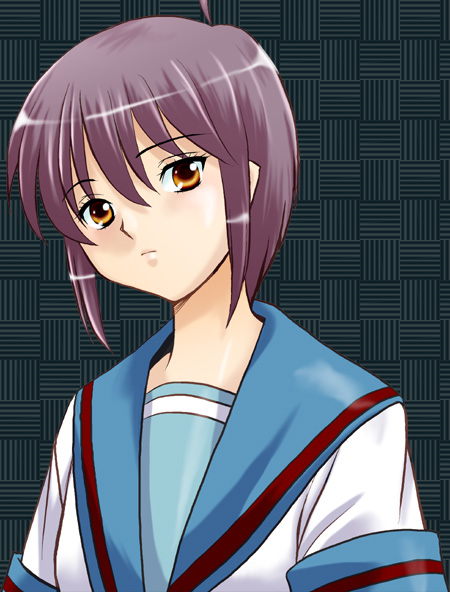 1girl bangs blush closed_mouth eyebrows eyebrows_visible_through_hair hair_between_eyes nagato_yuki purple_hair school_uniform sentape serafuku short_hair short_sleeves solo suzumiya_haruhi_no_yuuutsu tagme upper_body yellow_eyes