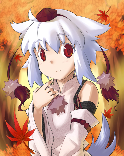 1girl animal_ears bare_shoulders detached_sleeves eyebrows eyebrows_visible_through_hair female hat inubashiri_momiji leaf looking_at_viewer maple_leaf mizumi_(artist) outdoors pom_pom_(clothes) red_eyes short_hair solo tail tokin_hat touhou tree upper_body white_hair wide_sleeves wolf_ears wolf_tail