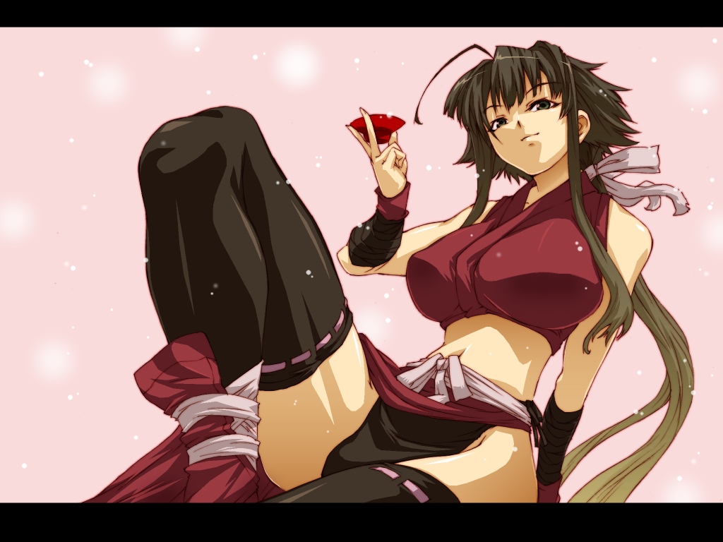 1girl alcohol bare_shoulders black_legwear breasts exposed_shoulders green_hair grey_eyes haruka_shiya large_breasts long_hair mahou_sensei_negima! midriff nagase_kaede navel ninja panties ponytail sakazuki sake sidelocks sitting snow solo thigh-highs underwear wallpaper