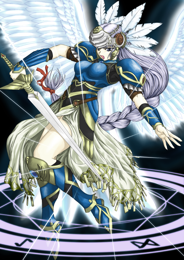 1girl armor armored_dress braid lenneth_valkyrie magic_circle sword valkyrie_profile weapon wings