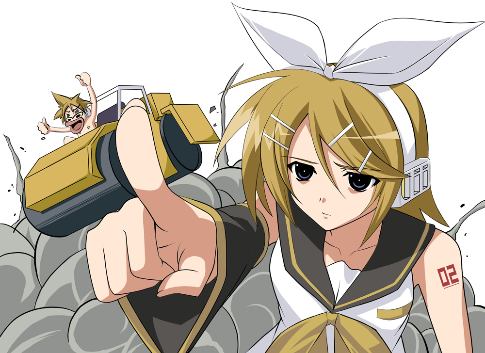 1boy 1girl bad_id blonde_hair breasts brother_and_sister kagamine_len kagamine_rin lyrical_nanoha mahou_shoujo_lyrical_nanoha mahou_shoujo_lyrical_nanoha_strikers miyane_aki_(radical_dash) parody siblings small_breasts steamroller style_parody twins vocaloid