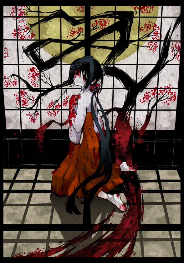 1girl blood japanese_clothes long_hair miko original palmeros red_eyes red_hakama solo tree