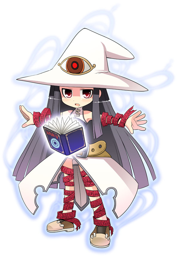 1girl black_hair book chibi hat long_hair minami_juujisei pixiv pixiv_fantasia pixiv_fantasia_1 red_eyes solo witch_hat