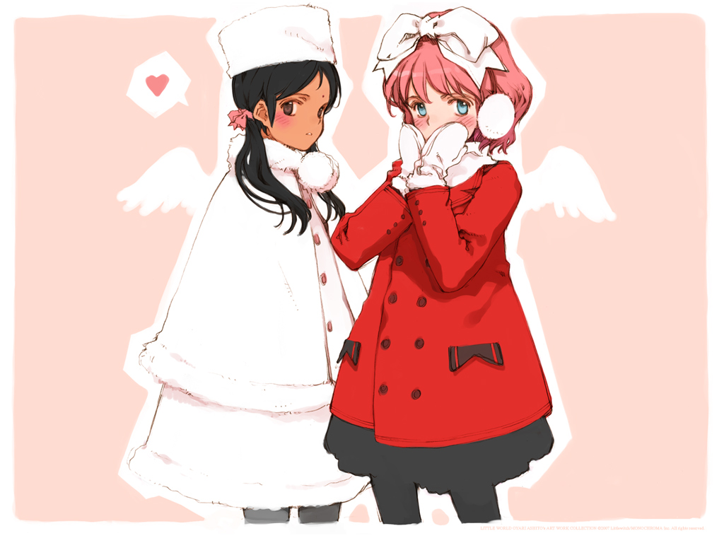2girls angel_wings aria_vancleef artist_name bangs black_hair black_legwear blue_eyes blush border bow brown_eyes buttons child coat dark_skin earmuffs embarrassed flat_chest forehead_jewel fur_hat fur_trim hair_bow hands_on_own_cheeks hands_on_own_face hat heart kaya_xavier large_bow littlewitch long_hair looking_at_viewer looking_back mittens multiple_girls official_art ooyari_ashito outline pantyhose parted_bangs peacoat pink_background pink_hair profile short_hair shoujo_mahou_gaku_littlewitch_romanesque simple_background skirt spoken_heart standing thigh-highs twintails wallpaper watermark wings winter_clothes winter_coat