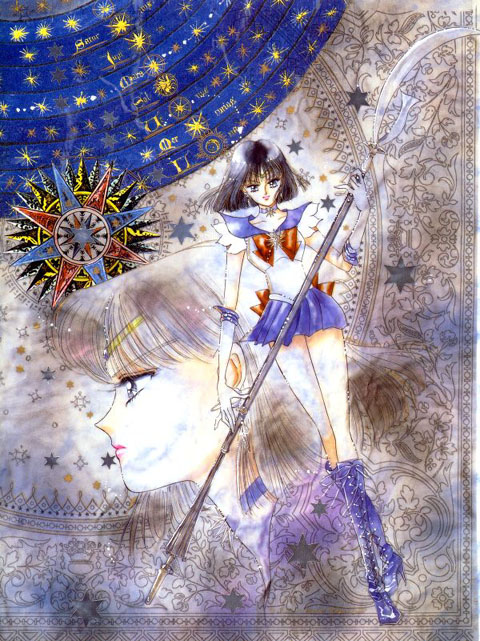 1girl 90s bishoujo_senshi_sailor_moon black_hair bob_cut boots bow brown_bow choker earrings elbow_gloves glaive gloves jewelry knee_boots legs_crossed leotard magical_girl miniskirt official_art polearm profile purple_boots purple_skirt sailor_collar sailor_saturn short_hair silence_glaive skirt solo staff standing takeuchi_naoko tiara tomoe_hotaru violet_eyes weapon white_gloves