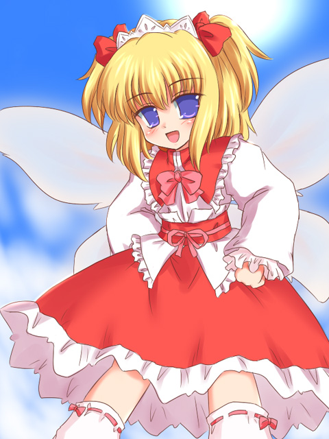 1girl :d belt blonde_hair blue_eyes blue_sky collar dress eastern_and_little_nature_deity fairy fairy_wings female frilled_collar frills hands_on_hips headband long_sleeves looking_at_viewer open_mouth outdoors red_dress ry sky smile solo sun sunlight sunny_milk thigh-highs touhou white_legwear wings zettai_ryouiki