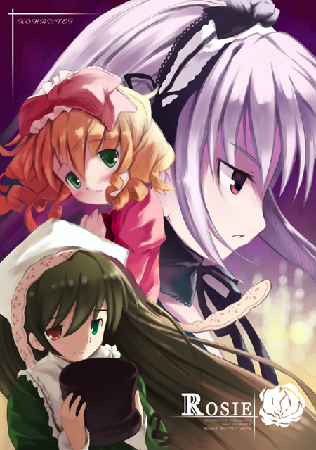 00s 3girls blonde_hair blush bow brown_hair drill_hair floating_hair green_eyes hairband hands_on_own_chest hat heterochromia hina_ichigo holding holding_hat long_hair looking_down multiple_girls noripachi pink_bow profile puffy_sleeves red_eyes rozen_maiden sad suigintou suiseiseki top_hat very_long_hair