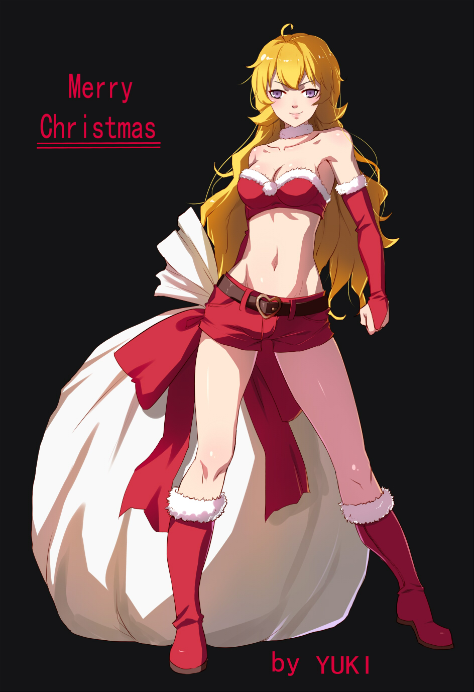 1girl bare_shoulders belt blonde_hair breasts bridal_gauntlets choker cleavage elbow_gloves gloves highres long_hair merry_christmas midriff rwby shorts simple_background solo violet_eyes yang_xiao_long zyl
