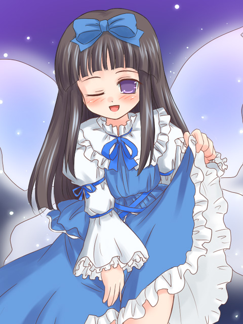 1girl ;d black_hair blue_bow blue_dress bow brown_hair collar dress eastern_and_little_nature_deity female frilled_sleeves frills hair_bow long_hair long_sleeves one_eye_closed open_mouth ry skirt_hold smile solo standing star_sapphire touhou very_long_hair violet_eyes wink