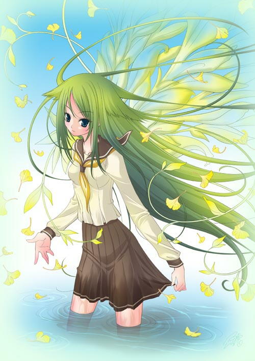ginkgo green_eyes green_hair leaf long_hair saya saya_no_uta school_uniform serafuku shachihiko_(nabe_project) water wings