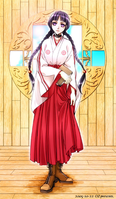 1girl black_hair bleach book boots braid braids choker dated female full_body hair_beads hakama holding holding_book japanese_clothes kurotsuchi_nemu long_hair long_sleeves looking_at_viewer miko oz_(invivi) parted_bangs parted_lips purple_hair red_hakama solo standing twin_braids violet_eyes wide_sleeves