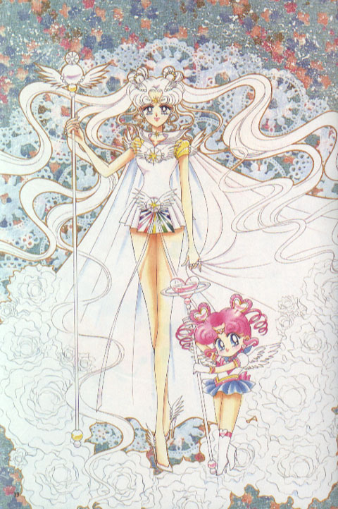 2girls 90s age_difference angel_wings bare_legs bishoujo_senshi_sailor_moon bishoujo_senshi_sailor_moon_sailor_stars blue_eyes blue_skirt boots bow chibi_chibi choker curly_hair double_bun gloves hair_ornament leotard long_hair looking_at_viewer magical_girl miniskirt multiple_girls official_art pink_hair sailor_chibi_chibi sailor_collar sailor_cosmos sailor_senshi size_difference skirt staff takeuchi_naoko tiara twintails very_long_hair wavy_hair white_gloves white_hair wings
