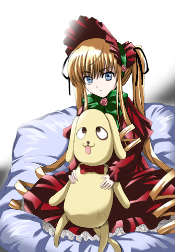 00s 1girl animal blonde_hair blue_eyes bonnet bow bowtie dog doll dress flower green_bow green_bowtie kunkun long_hair long_sleeves looking_at_viewer lowres midori_(searchlight) pillow red_dress rose rozen_maiden shinku sidelocks sitting solo twintails very_long_hair