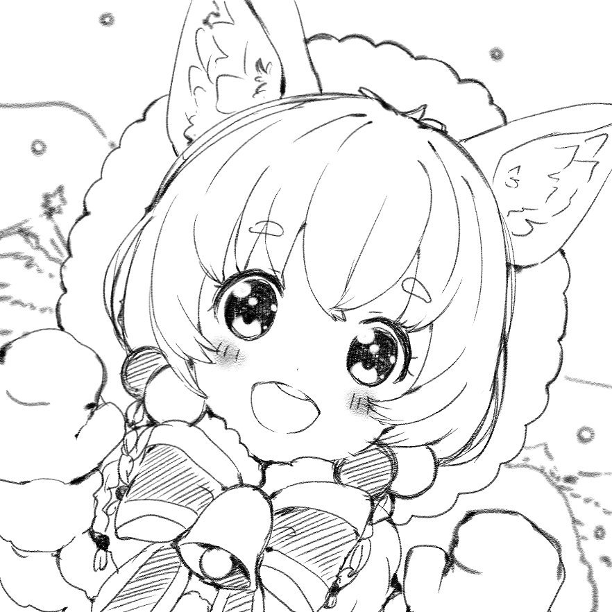 1girl animal_ears bell blush bow catbell looking_at_viewer monochrome open_mouth smile solo