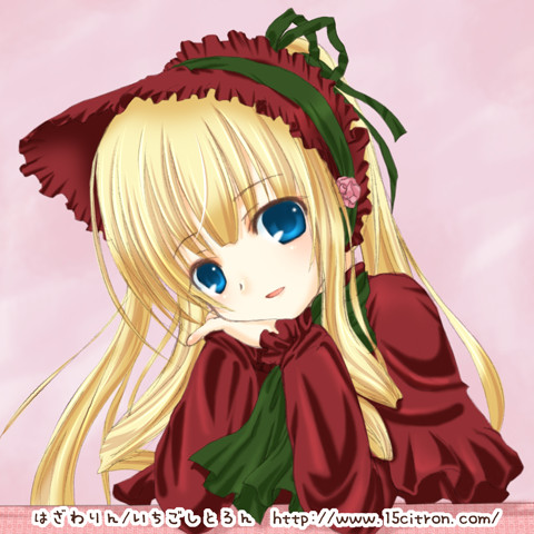 00s 15citron 1girl :d blonde_hair blush bonnet bow bowtie dress frills green_bow green_bowtie long_hair long_sleeves looking_at_viewer lowres open_mouth pink_background red_dress rozen_maiden shinku sidelocks simple_background smile solo twintails very_long_hair