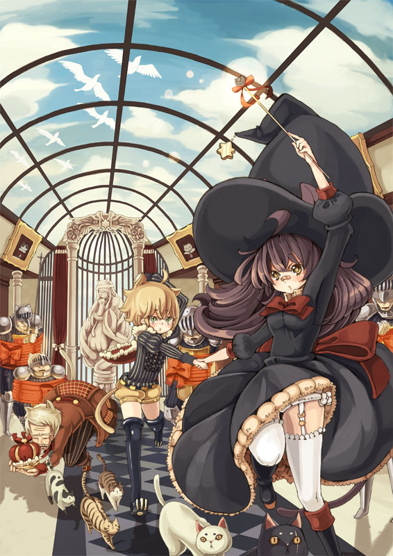 2girls 5boys armor bandaid bird black_dress boots brown_hair cat cat_tail clouds crown dove dress facial_hair garter_straps hat helmet long_hair md5_mismatch morimaiko multiple_boys multiple_girls mustache original painting painting_(object) prince sky soldier statue tail thigh-highs wand white_legwear witch witch_hat