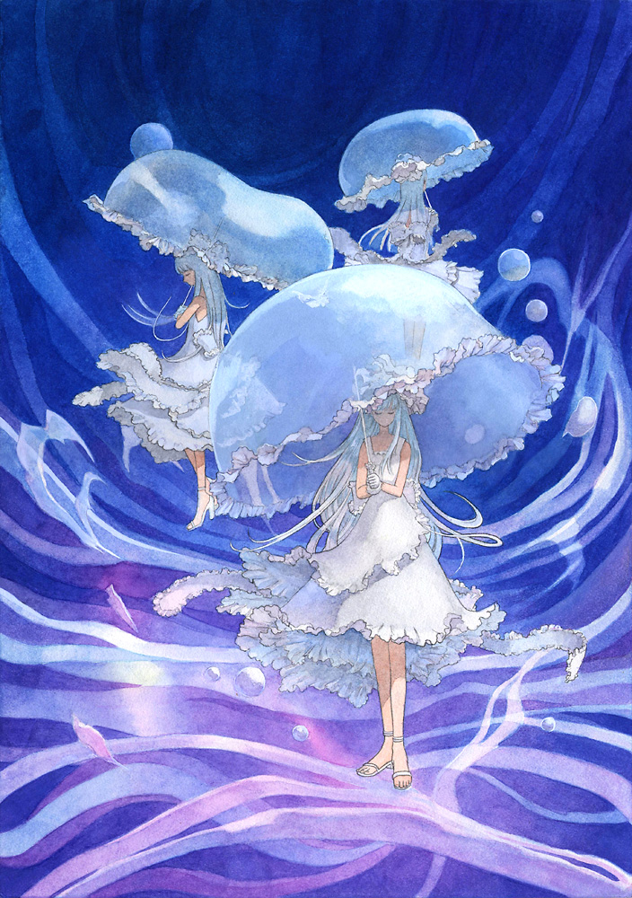 bubble dress efira frills gloves jellyfish original sandals traditional_media umbrella underwater watercolor_(medium)