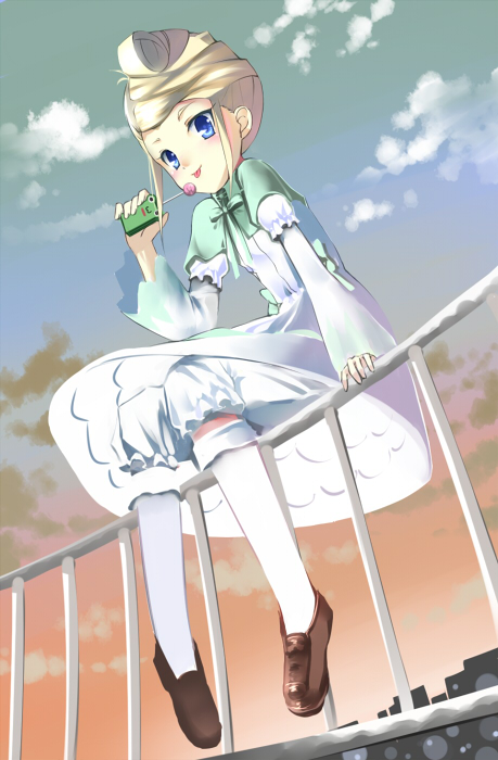 1girl :p arm_support blonde_hair blue_eyes blush brown_shoes building candy capelet clouds dress frilled_sleeves frills from_below full_body hat holding idolmaster idolmaster_xenoglossia kneehighs lollipop long_hair looking_at_viewer neck_ribbon railing ribbon riffa sho_(runatic_moon) shoes short_hair_with_long_locks sitting sky smile solo tongue tongue_out twilight upskirt white_shorts