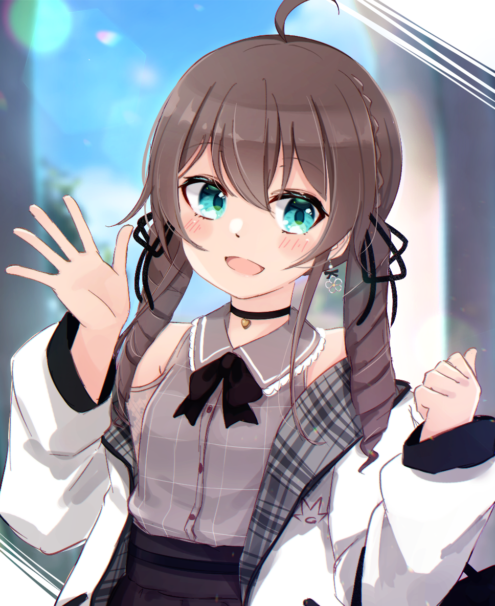 1girl :d ahoge bangs bare_shoulders black_ribbon black_skirt blurry blurry_background blush braid brown_hair brown_shirt clothing_cutout collared_shirt commentary_request depth_of_field eyebrows_visible_through_hair green_eyes hair_between_eyes hair_ribbon hands_up hololive hot_kakigoori jacket long_hair long_sleeves looking_at_viewer natsuiro_matsuri off_shoulder open_clothes open_jacket open_mouth plaid pleated_skirt ribbon shirt shoulder_cutout skirt sleeves_past_wrists smile solo twintails virtual_youtuber white_jacket