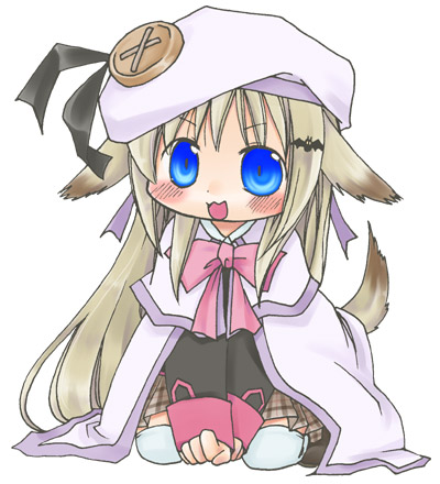 1girl animal_ears blue_eyes bow buttons cape dog_ears dog_tail hat large_buttons little_busters!! long_hair lowres makiemon noumi_kudryavka pink_bow plaid plaid_skirt silver_hair skirt solo tail thigh-highs