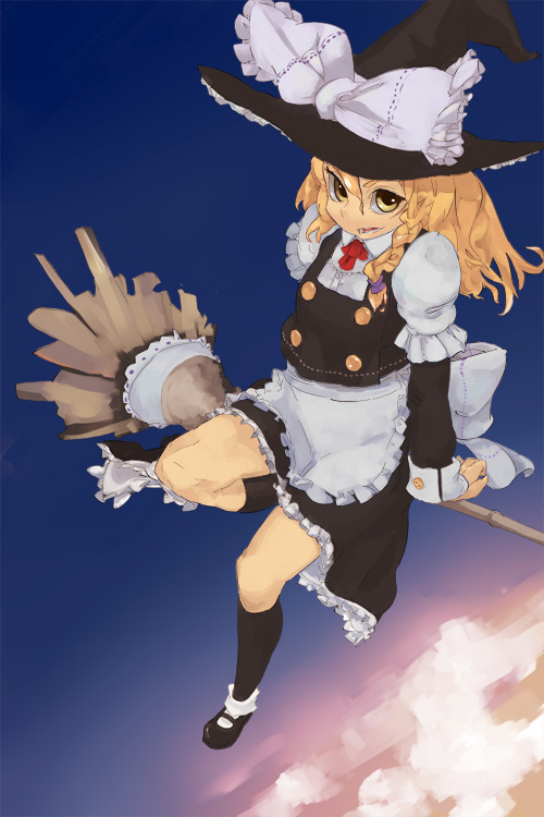 1girl blonde_hair broom broom_riding female fgz flying from_above kirisame_marisa sidesaddle solo touhou