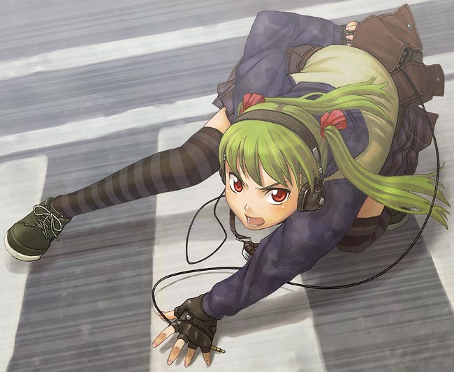 1girl action all_fours angry fighting_stance fingerless_gloves gloves green_hair headphones itou_(onsoku_tassha) onnsoku open_mouth original red_eyes ribbon road shoes skirt sneakers street striped striped_legwear thigh-highs twintails