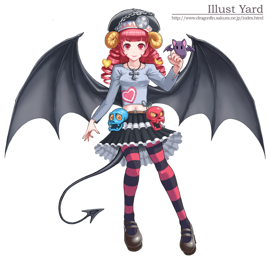 1girl bat_wings demon_tail horns legwear pantyhose red_eyes redhead solo striped tail thigh-highs wings yuugiri yuugiri_(artist) yuugiri_(illustyard)
