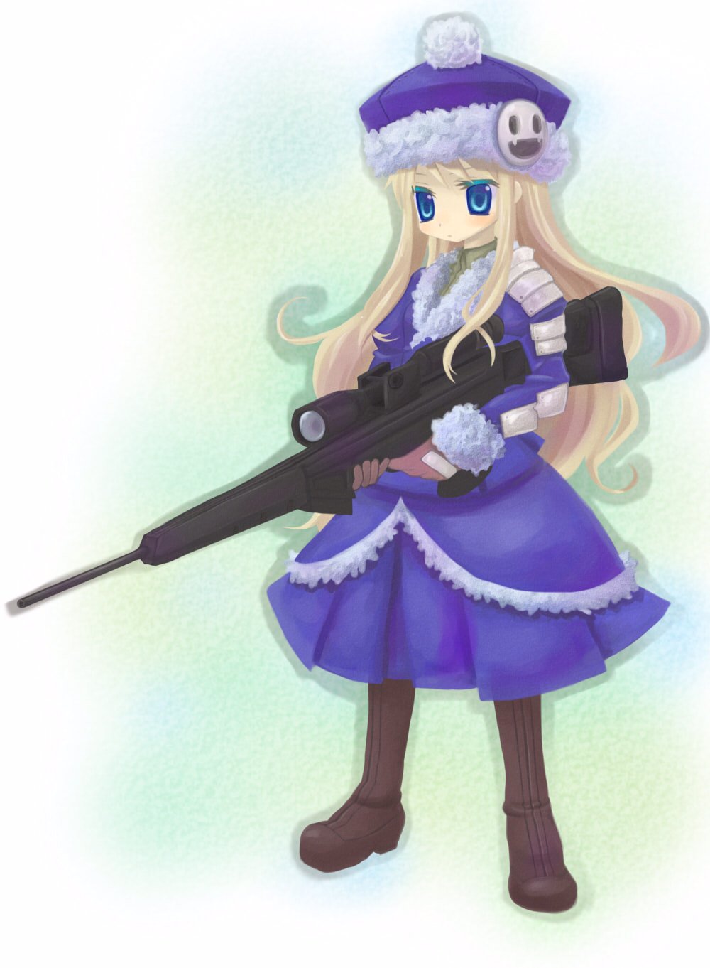 1girl atlus bad_id blonde_hair blue_eyes gun gunner hat highres jack_frost kou_(garakuta_teikoku) rifle sekaiju_no_meikyuu sniper_rifle solo weapon