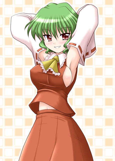 1girl armpits arms_behind_head arms_up bococho breasts cosplay female green_hair hakurei_reimu hakurei_reimu_(cosplay) kazami_yuuka large_breasts red_eyes showing_armpits sideboob smile solo touhou